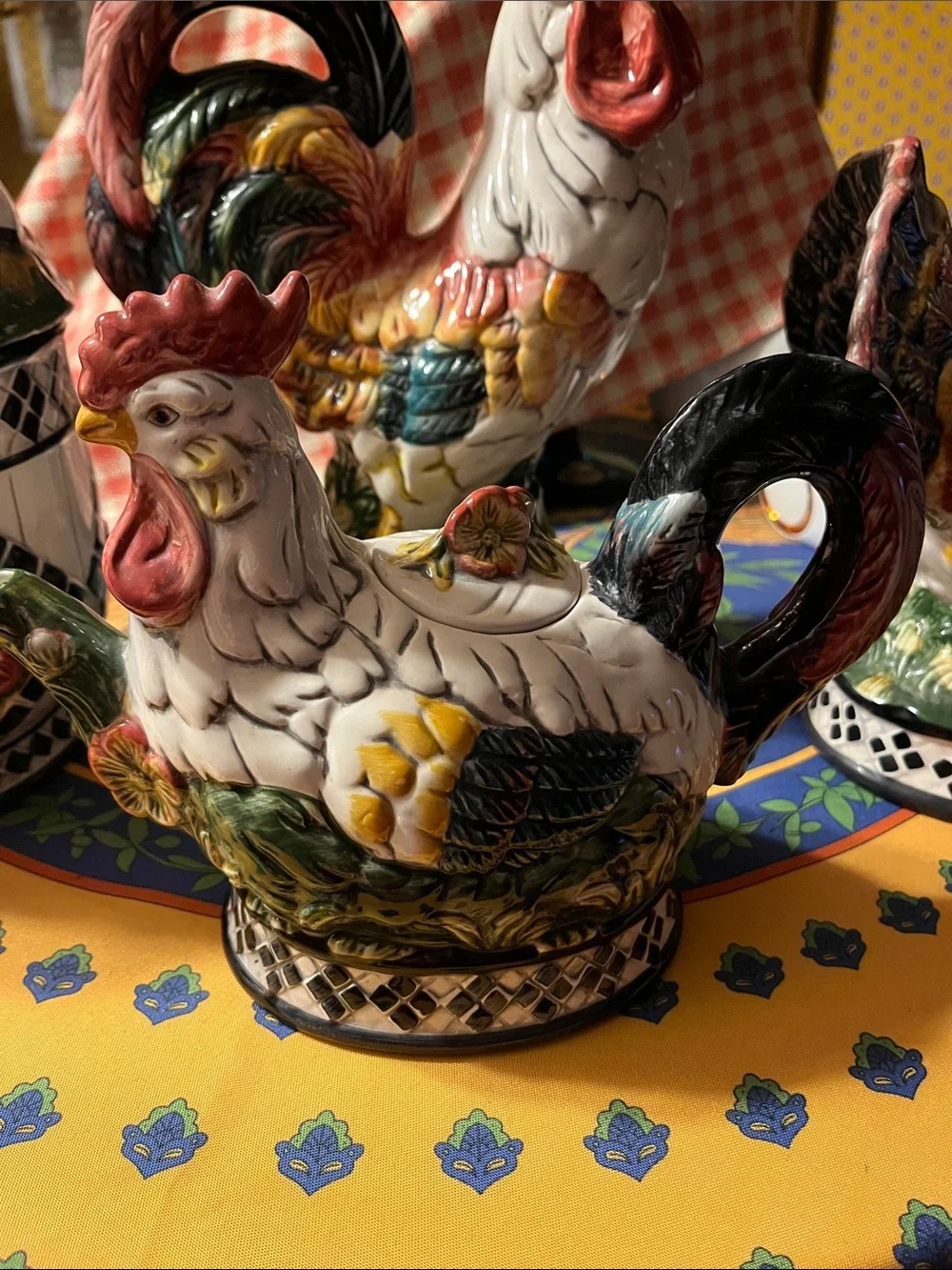 French Country 4 piece Ceramic rooster and hens figurines teapot and cracker jar